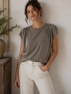 Garcia Shimmer Shoulder Pleat Top Taupe Size S